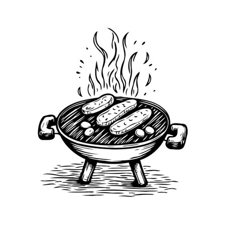 A hand-drawn illustration captures a barbecue scene with sausages grilling over flames. The artwork emphasizes the pleasure of summertime cookouts, outdoor dining traditions, and communalのイラスト素材