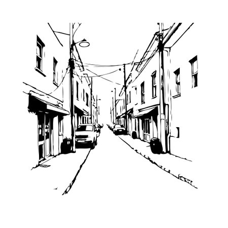 This minimalist illustration depicts a quiet street scene, showcasing urban architecture and a sense of depth through perspective. The monochrome palette evokes a nostalgic and artistic atmosphere,のイラスト素材