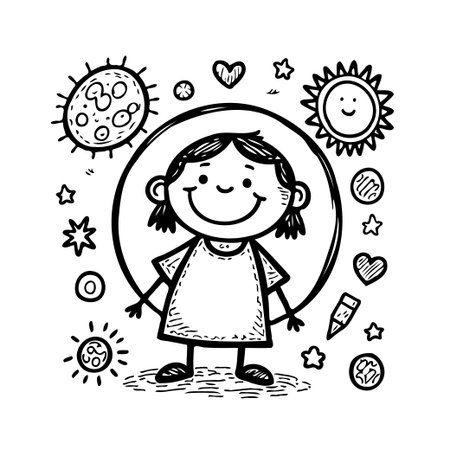 A delightful hand-drawn illustration features a smiling girl surrounded by whimsical celestial elements like stars and suns along with hearts and other decorative embellishments. The image exudes aのイラスト素材