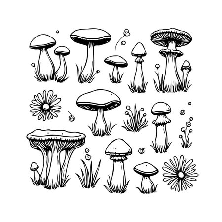 A detailed hand-drawn illustration featuring various types of mushrooms and flora. The image showcases intricate linework and botanical diversity in a monochromatic style. It captures the essence ofのイラスト素材