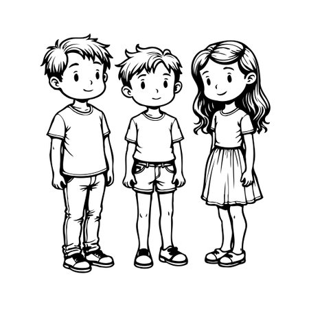 Delightful monochrome illustration of three smiling children standing side by side, embodying friendship and youthful happiness. The simplicity and clean lines emphasize their carefree nature,のイラスト素材
