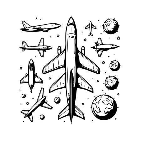 Monochromatic vector graphic depicting various aircraft in flight around stylized planets and stars. The design evokes a sense of travel, exploration and adventure, ideal for themes related toのイラスト素材