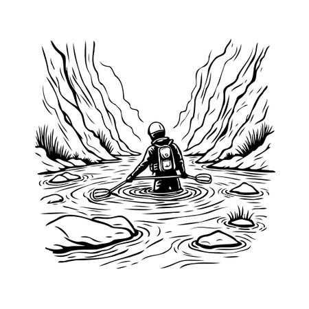 Illustration showcases an explorer navigating through water between cliffs. The traveler wades in the water wearing a helmet and a backpack. Holding a device for seeking, the adventurer immerses inのイラスト素材