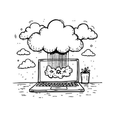 Illustration of a laptop with a cloud above it, connected by lines representing data transfer and processing. This represents cloud computing, a technology that enables access to shared computerのイラスト素材