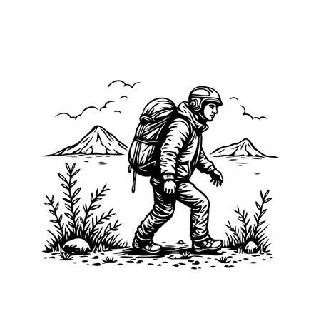 A minimalist black and white illustration portraying a lone explorer confidently navigating a mountainous landscape with a heavy backpack. The drawing emphasizes the sense of adventure and theのイラスト素材