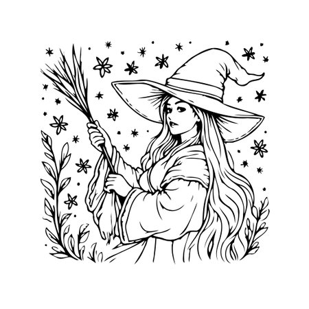 An ethereal illustration depicting a bewitching sorceress holding a broom amidst a backdrop of stars and stylized foliage. Ideal for adding a touch of enchantment to Halloween projects, storybooks,のイラスト素材