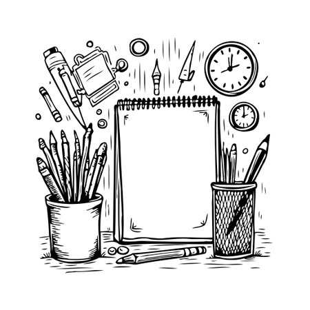 Arrangement of sketchbook and stationery, design tools and creative implements for artistic endeavors. Perfect for illustrating design projects, hobbies, education, crafting, and artisticのイラスト素材