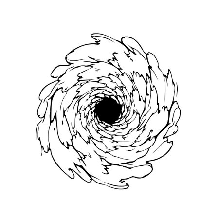 An abstract depiction of a swirling vortex, rendered in black and white, creating a sense of depth and hypnotic movement. The intricate pattern evokes a feeling of dynamic energy and flowingのイラスト素材