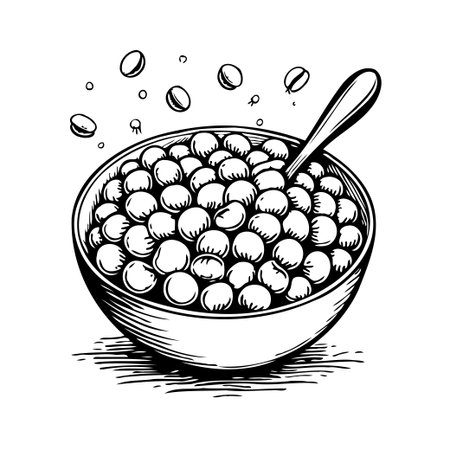 A minimalist monochrome drawing shows a bowl filled to the brim with symmetrical round cereal pieces. A spoon rests inside, implying a peaceful moment of consuming wholesome nourishment. This imageのイラスト素材