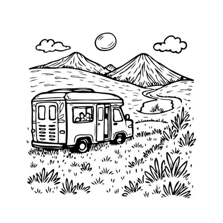 A hand-drawn monochrome illustration showing a campervan parked in a natural setting, mountains in the background, and a bright sun shining in the sky, symbolizing freedom, exploration and theのイラスト素材