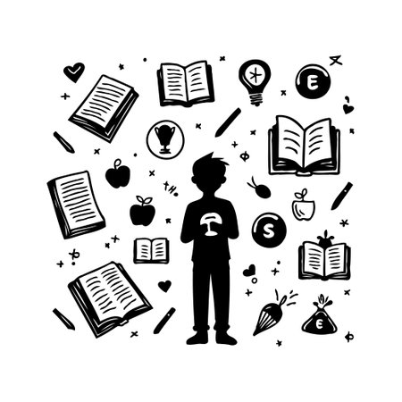 A hand-drawn style illustration features a student silhouette encircled by educational icons. Open books, apples, and light bulbs symbolize learning, knowledge, and ideas. This artwork portraysのイラスト素材
