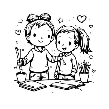 A charming illustration featuring two young children engaged in a drawing activity at a desk promoting education and the fun of collaborative learning and creative expression. This artwork isのイラスト素材