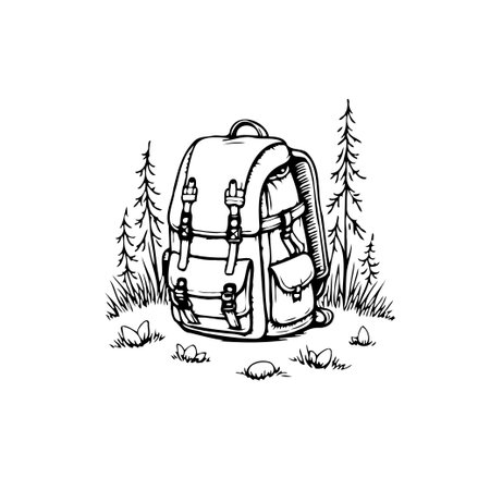 Illustration featuring a backpack standing out as a symbol of adventure travel in the wilderness. Isolated against a white background, it showcases detailed textures and designs, inviting viewers toのイラスト素材