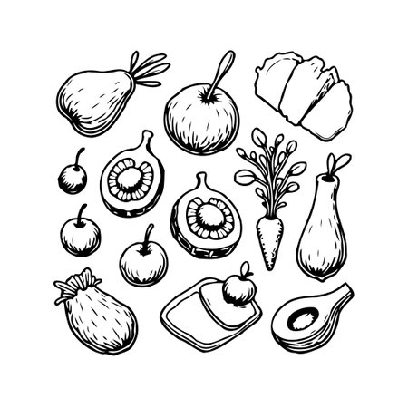 A collection of hand-drawn fruits and vegetables is presented in a whimsical, sketch-like illustration. Ideal for promoting a healthy diet, organic food, or natural ingredients, this vector graphicのイラスト素材
