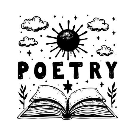 A stylized illustration featuring an open book under a symbolic sun, surrounded by clouds and stars. The artwork conveys themes of poetry, literature, creative writing and education. The hand-drawnのイラスト素材