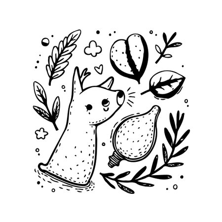 A charming illustration of a stylized deer surrounded by various botanical elements. The composition evokes a whimsical and lighthearted mood, suitable for designs with a nature or animal theme.のイラスト素材