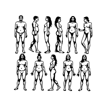 A stylized exploration of human form showcasing diverse body types and poses. This graphic collection presents figures from various angles, emphasizing inclusivity and representation. The black andのイラスト素材