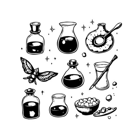 A captivating hand-drawn illustration showcases a selection of vintage bottles filled with magical potions accompanied by a celestial moth and mysterious ingredients the artwork evokes a sense ofのイラスト素材