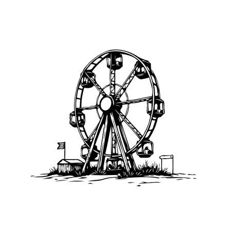 This black and white illustration captures the simple charm of a ferris wheel standing tall at a fairground. The linework and monochrome palette evoke a sense of nostalgia, offering a timelessのイラスト素材