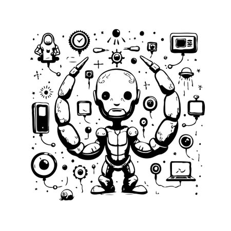 An abstract illustration showcasing a technological robot figure amid a constellation of digital symbols, emphasizing concepts of artificial intelligence, futuristic design, and the integration ofのイラスト素材