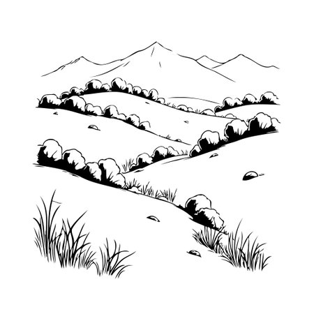 A minimalist illustration depicts a serene rural scenery, featuring rolling hills adorned with shrubbery, set against a backdrop of distant mountains. The monochrome drawing showcases a tranquilのイラスト素材