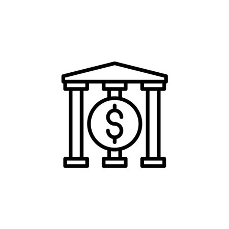 A simple, minimalist line drawing depicts a classical building facade, suggestive of a bank or financial institution. A central dollar symbol emphasizes the concept of money, economy, and fiscalのイラスト素材
