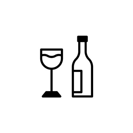 This minimalist illustration depicts a wine glass and bottle in simple silhouette. The design is perfect for a variety of uses, including branding, menus, or graphic designs. This clean style offersのイラスト素材