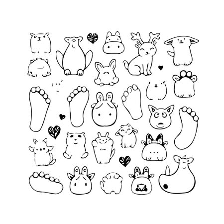 A charming collection of whimsical animal illustrations and human footprints is presented in a minimalist hand-drawn monochrome style. These cute and simple line art drawings convey joyful innocenceのイラスト素材