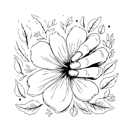 Elegant botanical hand illustration features a delicate flower intertwined with a graceful hand. Black and white design conveys a sense of feminine touch, beauty, and organic charm. Ideal forのイラスト素材
