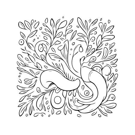 This hand-drawn botanical illustration presents a whimsical foliage design composed of organic shapes and swirling elements. The monochrome palette and simple lines evoke a sense of naturalのイラスト素材
