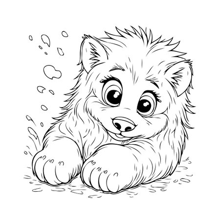 Charming black and white illustration of a fluffy animal, rendered in detailed lines. This whimsical image conveys a sense of playfulness and cheerful innocence, perfect for coloring activities andのイラスト素材