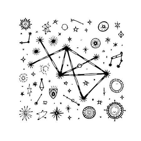 A hand-drawn illustration features a constellation arrangement stars, the sun, moon phases, and...