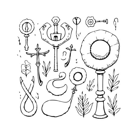 A whimsical sketch showcases a collection of fantasy artifacts intertwined with botanical elements. Ornate keys and curious objects are rendered in delicate lines, creating a dreamlike compositionのイラスト素材