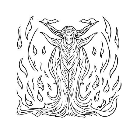 An illustration depicts an elemental guardian emanating from flames, a mystic figure symbolizing nature's power and the ethereal realm. The black-and-white design creates a striking contrast,のイラスト素材
