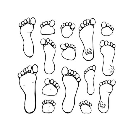 This image showcases an arrangement of footprints, varying in size, symbolizing the different stages of life and the diversity within a family unit. The footprints represent growth, progression, andのイラスト素材