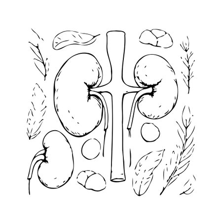 A monochrome illustration portrays a detailed depiction of the human kidneys and renal system, showcasing the organs, structure, and their function in waste filtration. Suitable for medical orのイラスト素材