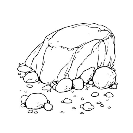 A simple, hand-drawn sketch showcases a large, prominent rock, surrounded by an assortment of smaller pebbles. The artwork is monochromatic, highlighting the textures and shapes. Perfect forのイラスト素材