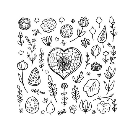 A handcrafted floral spring elements image displaying flowers and leaves arranged, which can be used for textile pattern creation, vector doodle with sketch design elements, decorative illustrationのイラスト素材