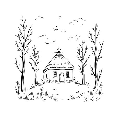 A black and white sketched illustration depicts a quaint countryside cabin surrounded by leafless trees under a serene sky dotted with birds and clouds. The artwork evokes a sense of peacefulのイラスト素材