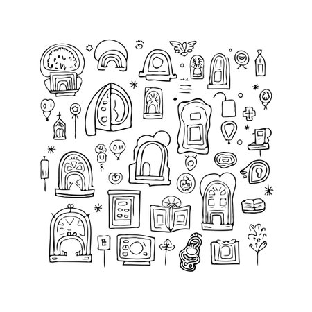 Detailed outline sketches showcase an array of stylized archways and entryways, each uniquely representing diverse architectural forms. This conceptual illustration blends cultural entrance designsのイラスト素材