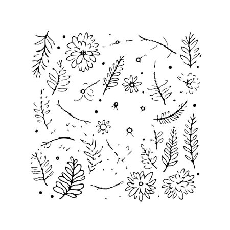 This minimalist botanical doodle arrangement presents a charming and delicate design featuring hand-sketched flora. The organic pattern, adorned with leaves and flowers, embodies a natural elegance.のイラスト素材