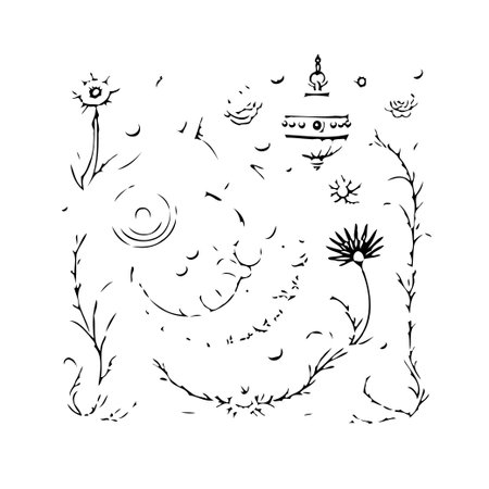 An abstract inked illustration presents a whimsical scene filled with stylized floral elements and celestial objects. This monochrome piece evokes a sense of ethereal beauty and dreamlike fantasy,のイラスト素材