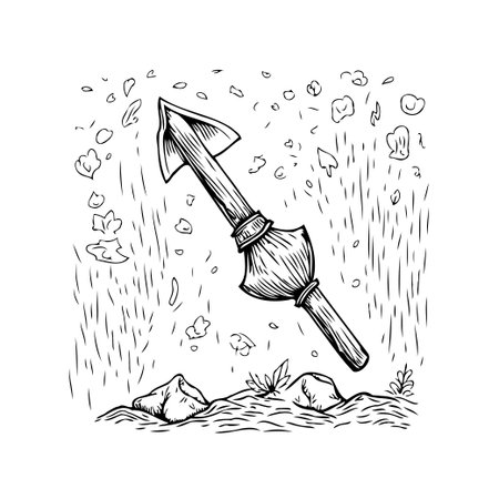 A hand-drawn, arrow-like digging tool is illustrated against a textured ground with scattered elements, creating a rustic and vintage vibe. This black and white artwork is perfect for creativeのイラスト素材