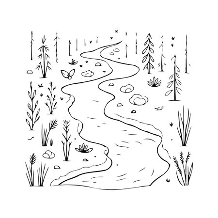 A minimalist black and white sketch showing a river winding its way through a forest. The illustration captures a sense of peace and tranquility, highlighting the serene beauty of nature with itsのイラスト素材