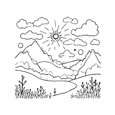 This hand-drawn illustration depicts a serene mountain landscape under a bright sun and fluffy clouds. The artwork captures the tranquility of nature with its clean lines and minimalist style, idealのイラスト素材