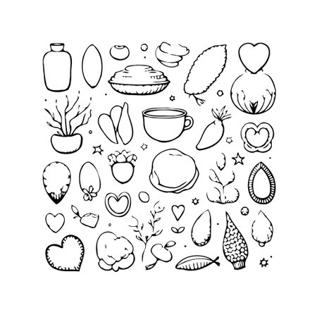 A charming assortment of hand-sketched elements perfect for adding a touch of artistry to your projects. This collection features a variety of objects, from natural forms and organic shapes toのイラスト素材