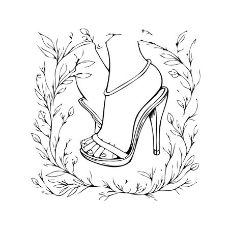 An artistic black and white hand drawn illustration features a stylish high heel shoe with an ankle strap, intricately designed and surrounded by flourishing leaves, evoking a sense of elegance,のイラスト素材