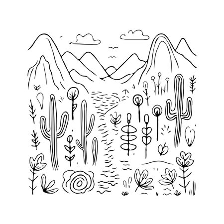 A hand-drawn illustration depicts a serene desert scene, featuring a winding river flowing between majestic mountains. The foreground is adorned with various cacti and desert flora, creating aのイラスト素材