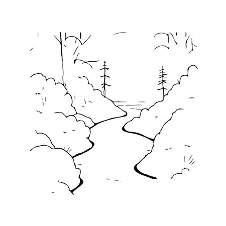 A simplistic yet detailed sketch of a river flowing through a hilly landscape. The monochrome artwork features sparse trees and outlines of foliage, creating a peaceful and tranquil scene. Anのイラスト素材