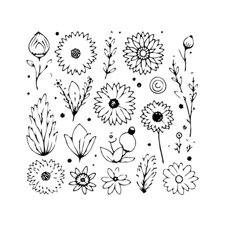 A collection of hand-drawn floral elements is showcased, featuring simple lines and delicate details. These botanical sketches are perfect for adding a touch of nature-inspired elegance to anyのイラスト素材